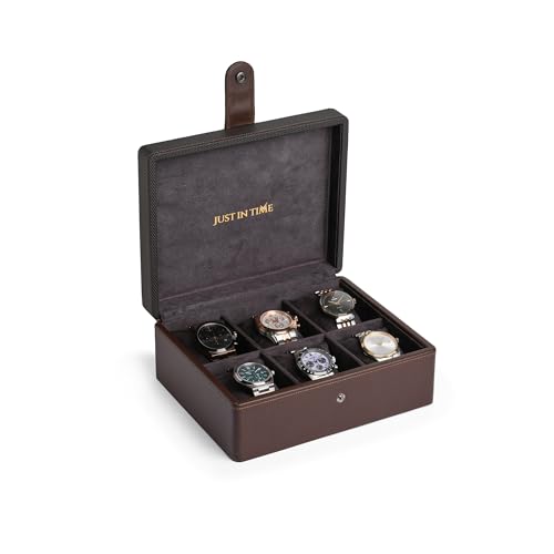 Image of Just In Time Six Slot PU Leather Watch Box Organizer for Men & Women - Brown Watch Case