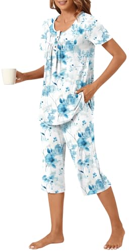 Image of Womens Summer Pajama Sets 2 Piece Short Sleeve Top and Capri Pants Plus Size Ladies Lounge Pjs Sets with Pockets