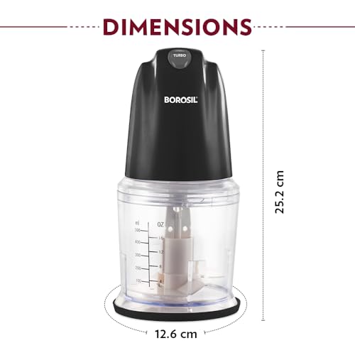 Borosil Chef Delite 260 Watts Electric Chopper for Kitchen, Twin Blade Technology, 500 ml 'chop-n-store' plastic bowl with lid, Vegetable Chopper, Cutter, Chop, Mince, Dice, Whisk, Blend, Black