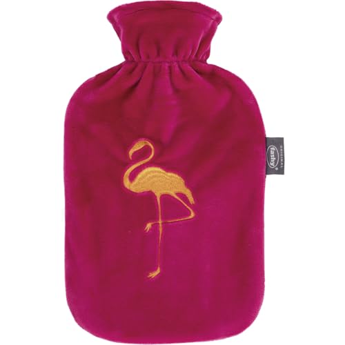 Fashy Wärmflasche 2,0 L mit Flauschbezug mit Stickerei Flamingo, pink