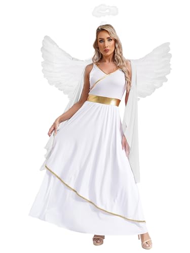 FEESHOW Damen Engel Kleid Kostüm Mit Flügel Heiligenschein Haarreif Set Erwachsene Kostüm Für Fasching Halloween Cosplay Party Weiß M