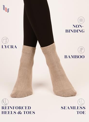 Hugh Ugoli Diabetic Socks for Women Rayon Derived from Bamboo, Soft, Ankle, Thin, Wide, Loose, Non-Binding Top, 4-8 Pairs