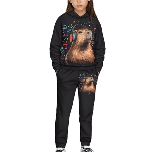 DISNIMO Black Capybara Athletic Set for Boys Girls Jogger Set 8-9 Kids Activewear Hoodies Sweatsuit Outfit Clothes Sets Sweatshirt Hooded and Jogger Pants 2 Piece for Sport2