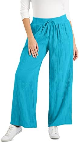 JM Women's Petite Cotton Gauze Wide-Leg Pants Seafoam Blue PXL