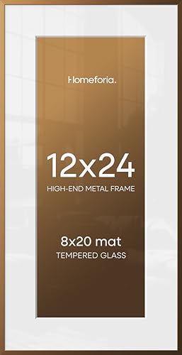 Image of Homeforia 12x24 Picture Frame Bronze, High End Metal 12by24 Brass Poster Frames with Mat 8x20 Photo, 12 x 24 Panoramic Frames Matted to 8 by 20 Print, 24by12 Frames, Tempered Glass, Wall Kit, Set of 2