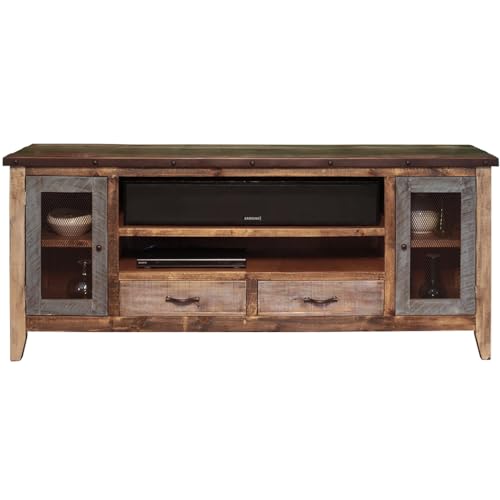 HomeRoots 528764 76 in. Solid Wood Cabinet Enclosed Storage Distressed TV Stand Brown