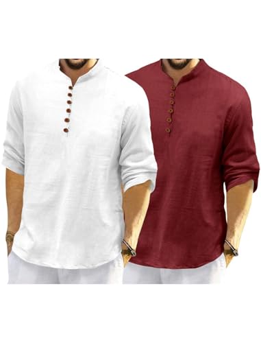Image of Macsivo Men's Cotton Blend Kurta with Solid Band Collar Full Sleeve Button Closure Regular Fit Curved Hem Length | Kurta for Man | Combo Pack of 2