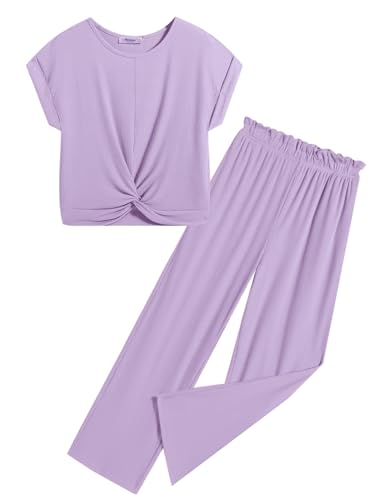 Image of Arshiner Girls Summer 2 Piece Outfits Ribbed Short Sleeve Twist Front Tops and Wide Leg Pants Kids Loungwear Set Tracksuit