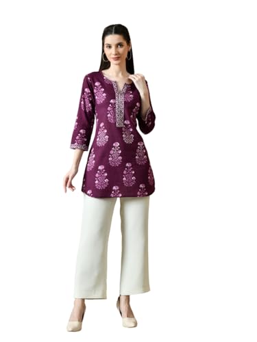 Image of Amazon Brand - Tavasya Women Floral Printed Round Neck Pure Cotton Regular Fit Kurti | Everyday & Office Wear Kurta | Modern Ethnic Top