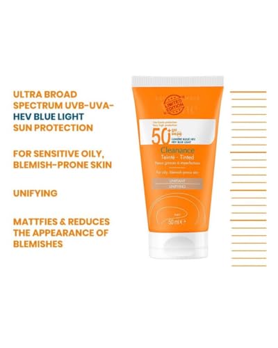 Generic Clean Solaire Tinted SPF 50 Facial Sunscreen – For Face and Neck, Oily & Acne-Prone Skin, Sebum-Regulating, Tone-Evening, Broad-Spectrum UVA/UVB, Non-comedogenic, Water Resistant, 1.7 Fl Oz