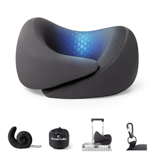 Dream Valley® Neck Travel Pillow, Memory Foam Travel Pillow for Airplane, Portable Roll-Up Neck Pillow with Cooling Inner Fabric, 360° Ergonomic Support, No Head Bobbing, Charcoal Gray by Dream Valley - Used condition - US$23.99