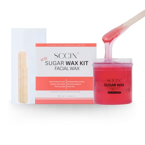 SCCIN Natural Rose Extract Sugar Wax Hair Removal Kit 450g 20 Washable Strips & 4 Wooden Spatulas Microwavable Wax Pot for Face and Body Waxing. Formula for Sensitive Skin Waxing.