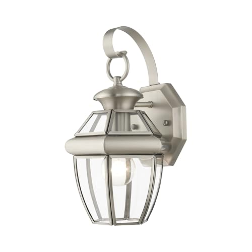 Image of Livex Lighting 2051-91 Monterey 1 Light Outdoor Brushed Nickel Finish Solid Brass Wall Lantern with Clear Beveled Glass | Clear Beveled Glass; Solid brass construction