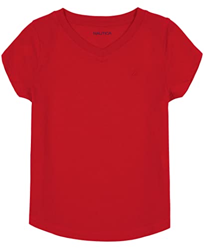 Image of Nautica Girls' Short Sleeve V-Neck T-Shirt, Solid Cotton Blend Tee with Tagless Interior