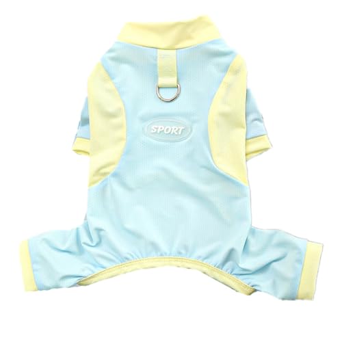 ISUPY 可愛い 犬 ロンパース 春夏 犬の服 つなぎ 防虫 接触冷感 ドッグウェア Tシャツ Dカン付き ペット服 柔らかい 通気性 ひんやり 小型犬 中型犬 大型犬 脱毛保護 洋服 お散歩 ペット用品 (M,ロンパース/ブルー&イエロー)