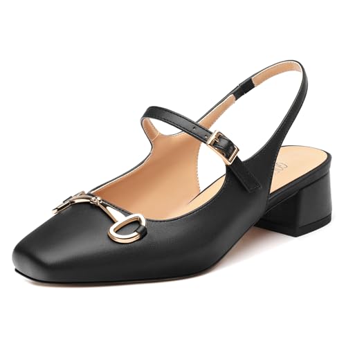 Slingback Heels for Women 1.2 Inch Low Block Chunky Heels Square Closed Toe Patent Pumps with Buckle Strap Comfortable Cute Dress Shoes