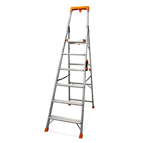 KELI - Échelle Pliable, Escabeau, Marchepied, Fabriqué en Aluminium, Qualité Professionnelle, Poignée de Transport Confort, Porte Outils ABS (6 Marches (Travail à...