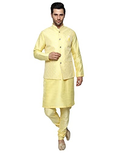 Image of Uri and MacKenzie Men's Silk Blend Kurta Churidar Pyjama with Stylish Nehru Jacket