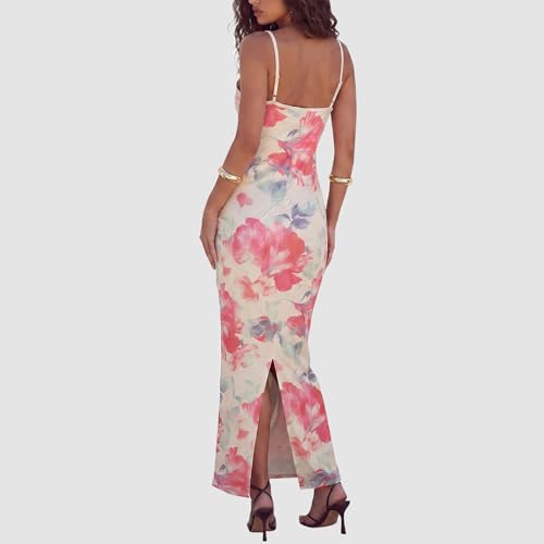 Image of Womens Summer Casual Floral Dresses Spaghetti Strap Bodycon Maxi Beach Dress Elegant Evening Party Long Dresses