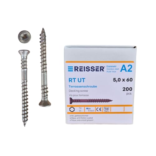 REISSER - Boîte de 200 vis pour terrasse bois - Revêtement Antique - diamètre 5 x 60 mm - Acier inox A2 - Empreinte Torx TX20 - tête fraisée - Embout OFFERT