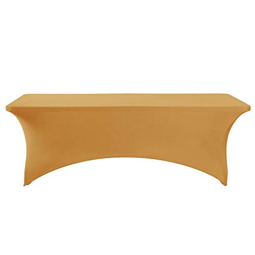 Image of FORLIFE 8FT Rectangular Spandex Tablecloth, Gold, Universal Fitted Table Cover for Wedding, Banquet, Party, Wrinkle Resistant, All-Season, Reusable, Washable