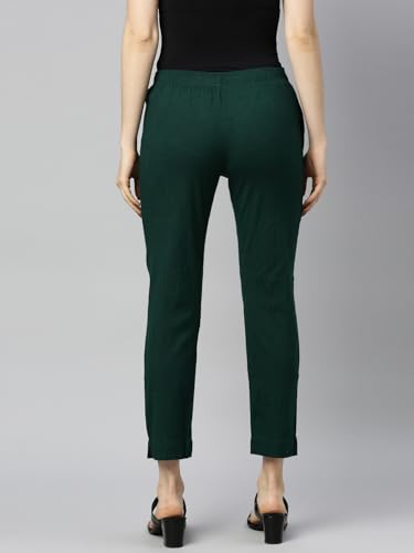 Image of MINELLI Women Solid Cigar Pants, Cotton Lycra Slub Fabric, Elasticated Waistband, Pull On Style, Regular Fit Bottom Wear for Western and Ethnic Wear