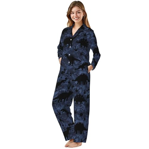 Image of Women'S Long Sleeve Pajama Set Soft Loungewear Button-Down Top & Elastic Waist Pants S- 2XL