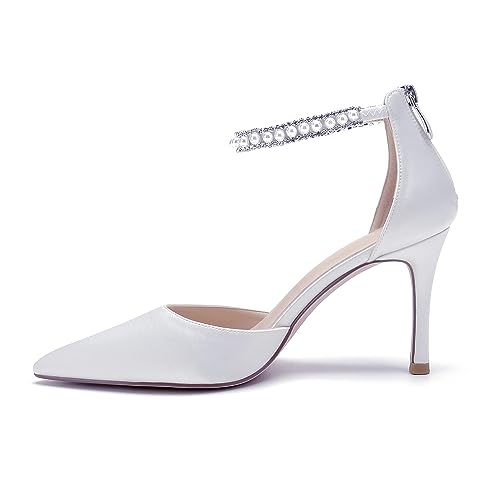 Pointed Toe Pearl Wedding Shoes for Bride White High Heels Satin Bridal Shoes Zipper Back Evening Party Dance Dresses Shoes Pumps for Women4