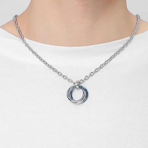 Image of Silver Chain for Man, Blue Three-Ring Necklace for Men, Stylish Neck Chain for Boys, Anime Accessories, Locket for Men, Fashion Jewelry