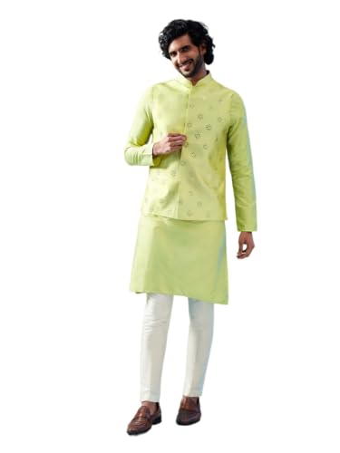 Image of KISAH Men Printed Kurta Jacket Set, Full Sleaves, Knee Length, Straight, Regular Fit, Mandarin Collar Ethnic Wear