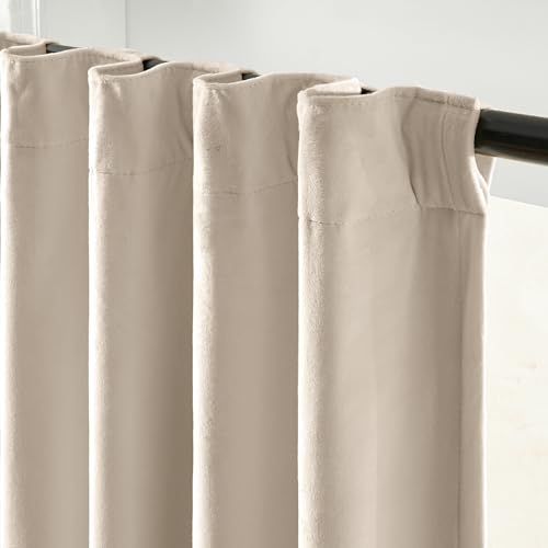 Image of Beige Blackout Polyester Curtains 84 Inch Long Thermal Insulated Room Darkening Lined Curtain Drapes Luxury Back Tab Window Treatments for Bedroom Living Room 2 Panels, 52 x 84 Inch, Cream | Soft Velvet, Room Darkening, Lined, For Bedroom & Living Room, Light Shifting Texture, Elegant Drape, Cozy, Rod Pocket