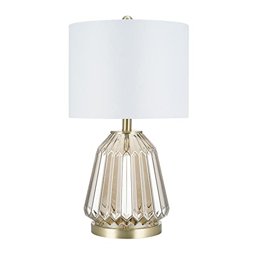 Catalina 22144-001 Transitional 3-Way Ribbed Clear Glass Table Lamp with Linen Shade, Led Bulb Included, 23.5", Champagne