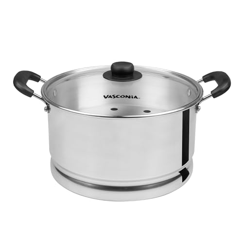 Vasconia 10-Quart Steamer Pot with Tray and Glass Lid - Aluminum Big Cooking Pot for Tamales Boiling Frying - Durable Cookware with Heavy Duty Handles - Soup Pot for Cooking Seafood Pasta Vegetables