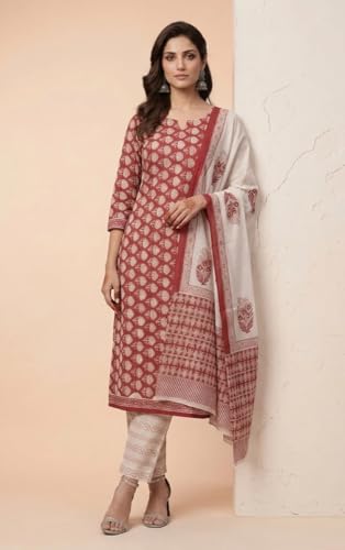 Image of Eddika women unstitched hand block printed cotton suit set with mulmul dupatta ehbpcswmd0120P