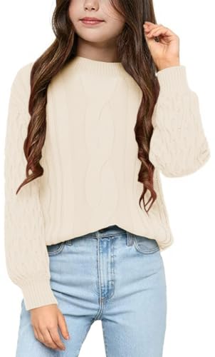 Girls Cable Knit Sweaters Crewneck Lantern Long Sleeve Drop Shoulder Warm Jumpers for Kids Size 5-14Y