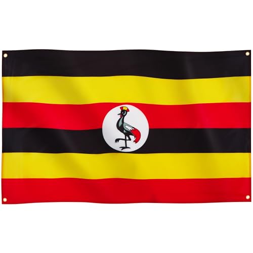 Runesol Drapeau Ouganda, 91x152cm, 3ft x 5ft, 4 Anneaux, Journée de libération du NRM, œillet dans chaque coin, Drapeau Ougandais, Grue royale, Drapeaux Premium, Cricket