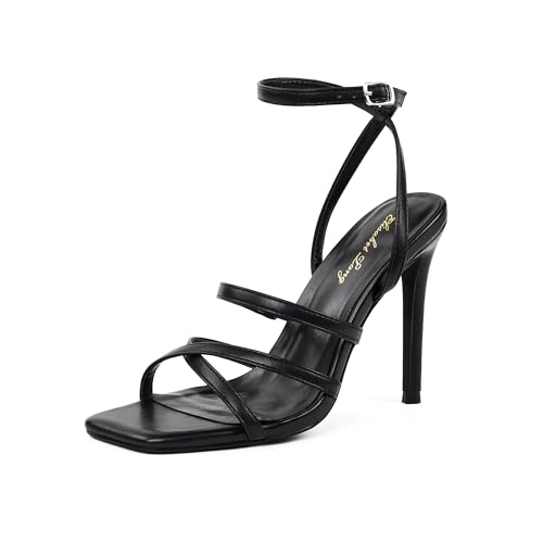 Image of Elisabet Tang Women's Crystal Stilettos Heeled Sandals, 4 Inch Square Open Toe Strappy Sexy High Heels Ankle Strap Buckle Heels for Party Wedding Dress Daily Wear Shoes