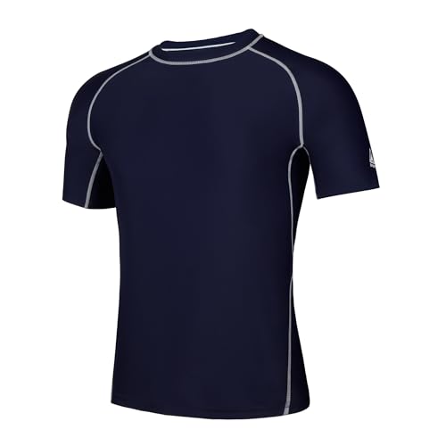 AMZSPORT Camiseta Rash Guard para Hombres, Protección UV UPF 50+, Camiseta de Manga Corta, Chaleco de Protección Solar de Secado Rápido para Natación, Surf, Pesca, Correr, Azul Marino, M