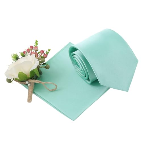 Image of DQT Mens Plain Satin Tie & Pocket Square Set (2pc) - 9cm Classic Wedding, Business & Formal Necktie - Mint Green
