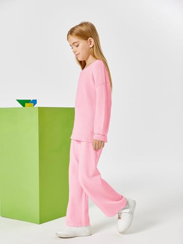 Image of Haloumoning Girls 2 Piece Outfits Kids Long Sleeve Crewneck Sweater Drawstring Wide Leg Long Pants Sweatsuits Sets 5-14T