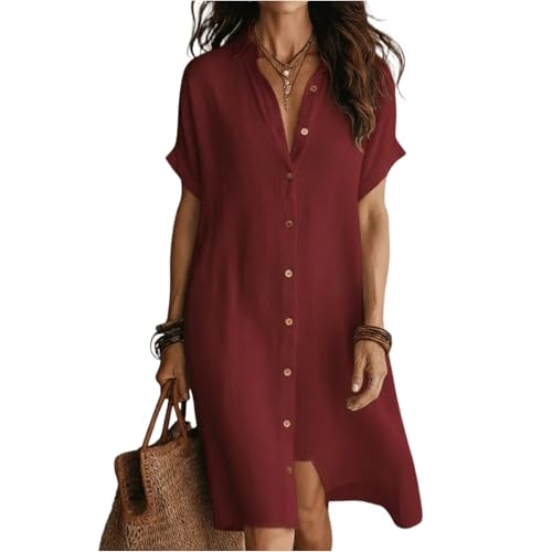 Blusas Mujer Verano, Vestidos Verano Mujer Vestido Vestido De para De Color Liso Manga Corta Blusa Abotonada Vestidos Camisero Ligero Y Vaporoso Tipo Camiseta Informal Bohemio Holgado para La Playa