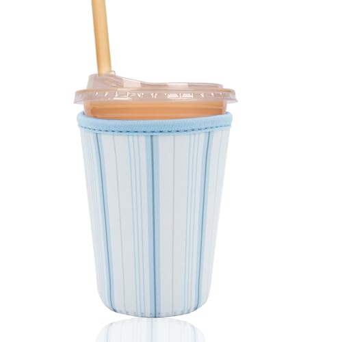 Image of Reusable Insulated Sleeve for Iced Coffee Cup, Coffee Neoprene Sleeve for Cold & Hot Drinks, Beverage Holder for Iced Coffee (Blue Lines, Small: 16-18oz)