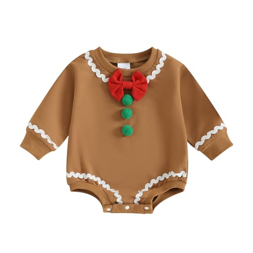 Gureui Gender Neutral Newborn Baby Boy Girl Christmas Outfit Xmas Bubble Romper Onesie Toddler Infant Fall Winter Clothes (B Auburn Gingerbread 0-3 Months)