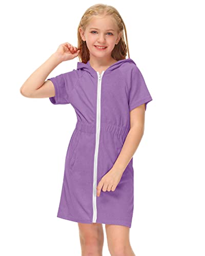 Besserbay Kid Girls Purple Swim Zip Front Coverups With Hood Terry Cover Ups Robe 7-8 Years #TOP1