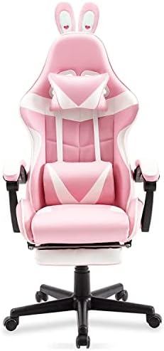 Soontrans Pink Gaming Chair with Footrest,Bunny Ears,Ergonomic Residence Workplace Desk Chair,Beautiful PC Laptop Sport Chair with Headrest and Lumbar Help Gamer Chair for Women