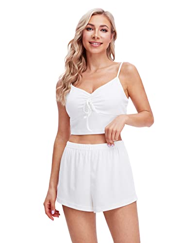 Shein Women's 3 Piece Lounge Set Pajama Set Cami Crop Top Shorts Cardigan Loungewear Sleepwear Solid White Medium #TOP3