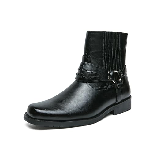 CHUUMEE Men's Casual High Western Buckle Strap Ankle Dress Boots，Men's Fashion Square Toe Side Zip Ankle Boots