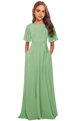 Chiffon Junior Bridesmaid Dresses for Wedding A-Line Short Sleeve Flower Girl Dress with Pockets Party Pageant Gowns4