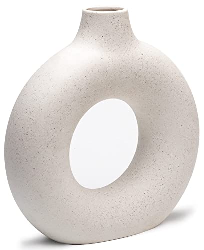 Cemabt White Donut Vase Hollow Ceramic Vase For Flowers Handmade Minimalist Boho Ins Style Modern Home Decor For Wedding Dinner Table Party Living Room Office Bedroom(M) #TOP6