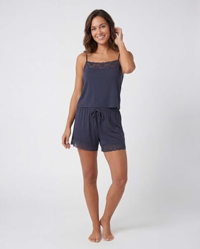 Image of Real Essentials 2 Pack: Women's Lace Trim Cami and Short Set Cute Pajama PJ Sleepwear Nightwear Pajamas Sleep Soft Drawstring